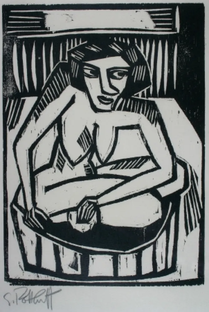 木刻 Schmidt-Rottluff - Frau in der Wanne (Woman in Bath)
