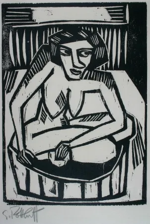 木刻 Schmidt-Rottluff - Frau in der Wanne (Woman in Bath)
