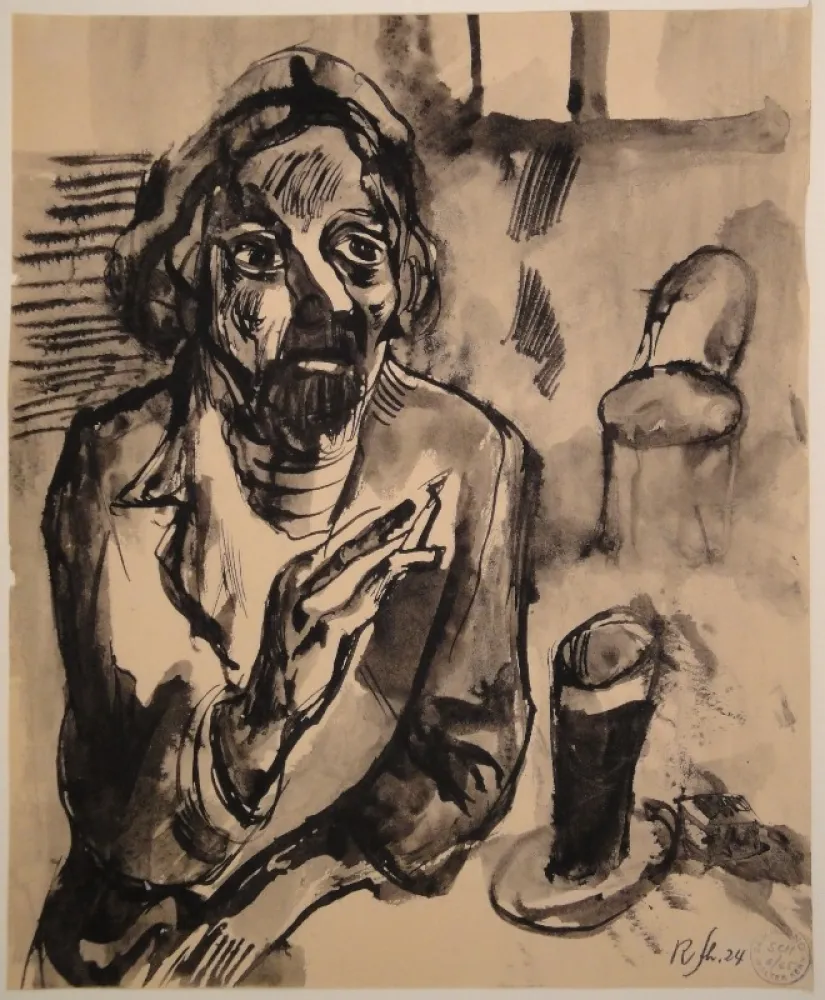 无技术 Schürch - Männliches Porträt (Selbstporträt) mit Glas und Stuhl