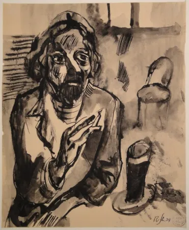 无技术 Schürch - Männliches Porträt (Selbstporträt) mit Glas und Stuhl