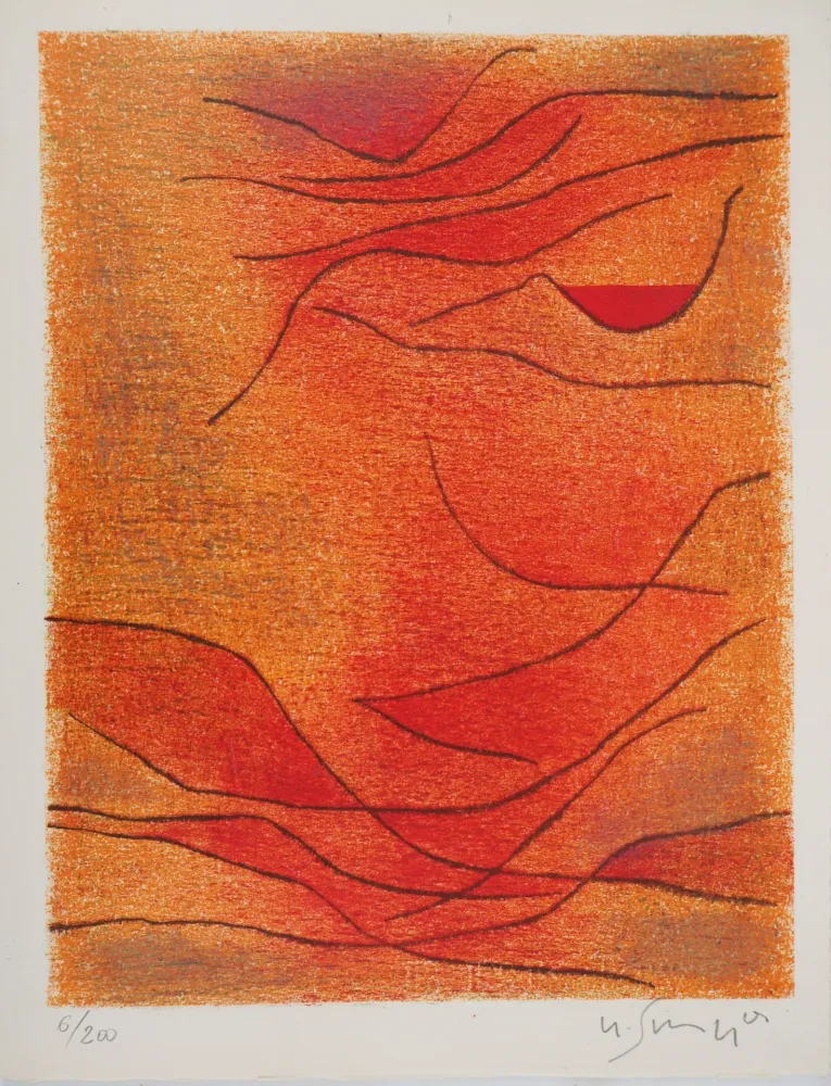 石版画 Singier - Composition orange et rouge