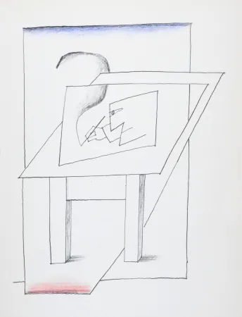 石版画 Steinberg - Un homme dessinant, 1966