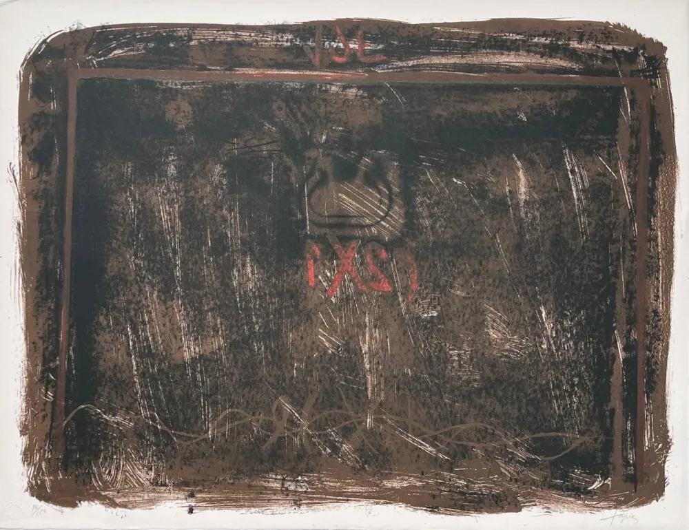 石版画 Tàpies - Lithographie en noir, terre de Sienne et rouge 