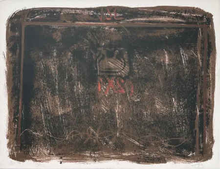 石版画 Tàpies - Lithographie en noir, terre de Sienne et rouge 