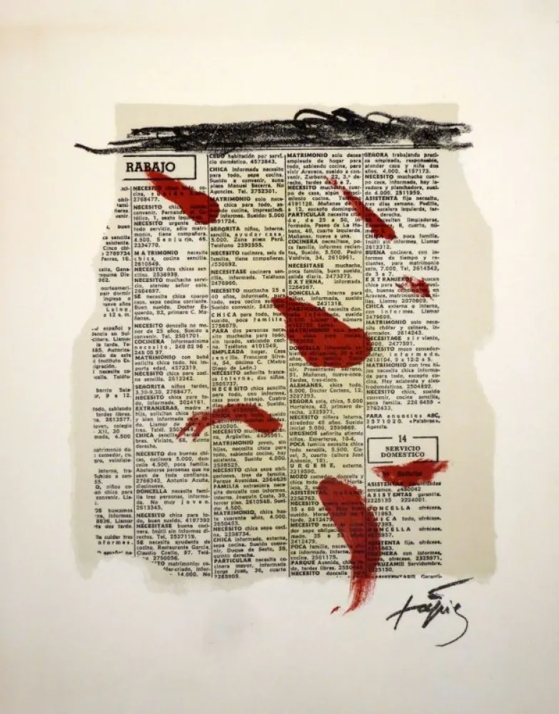 石版画 Tàpies - Rouge sur papier journal