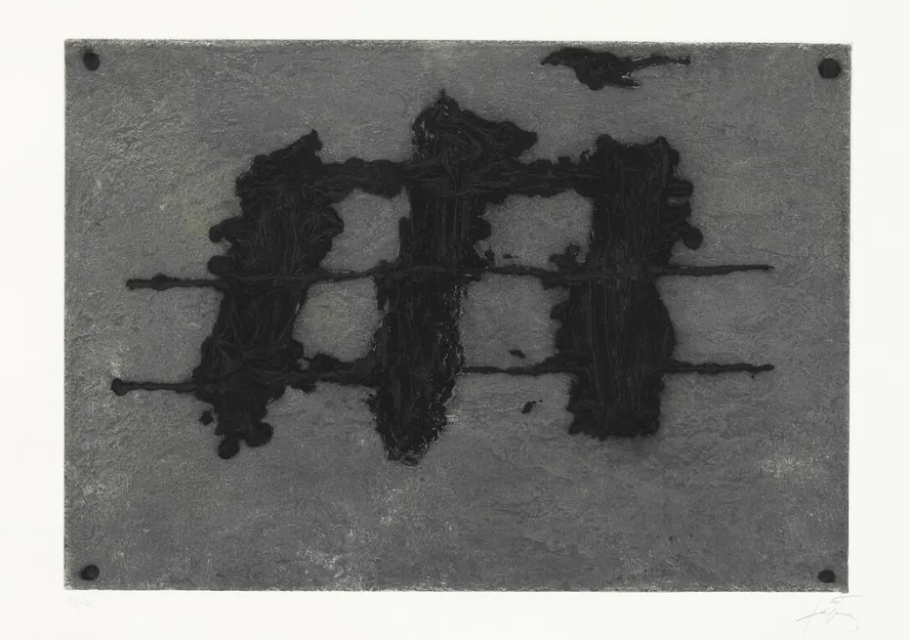 蚀刻飞尘法 Tàpies - Trois taches et trois lignes noires
