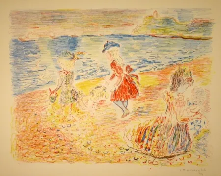 石版画 Terechkovich - Trois enfants sur une plage / Drei spielende Mädchen am Strand