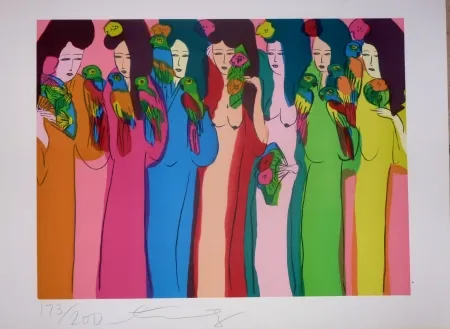 石版画 Ting - Geishas et perroquets