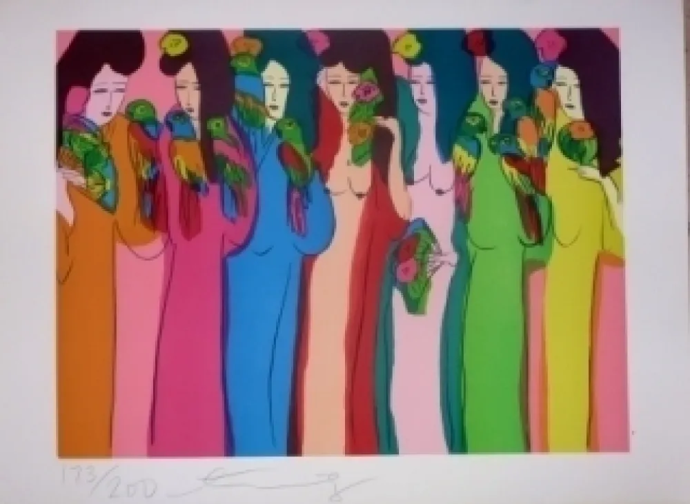 石版画 Ting - Geishas et perroquets