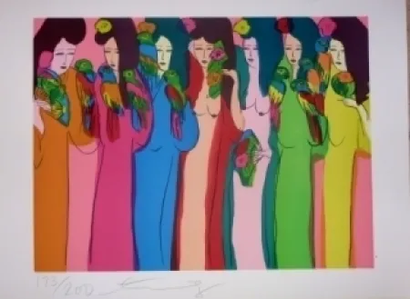 石版画 Ting - Geishas et perroquets