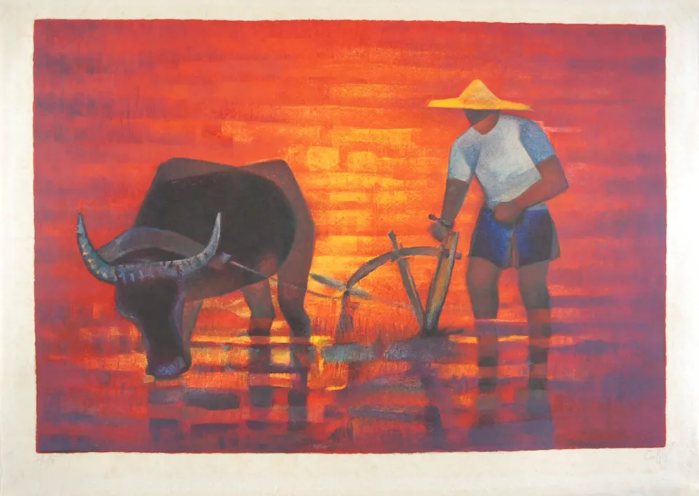 石版画 Toffoli - Labourage (Paysan tonquinois)