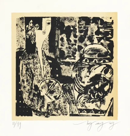 石版画 Tongzhengang - Femme à l'éventail