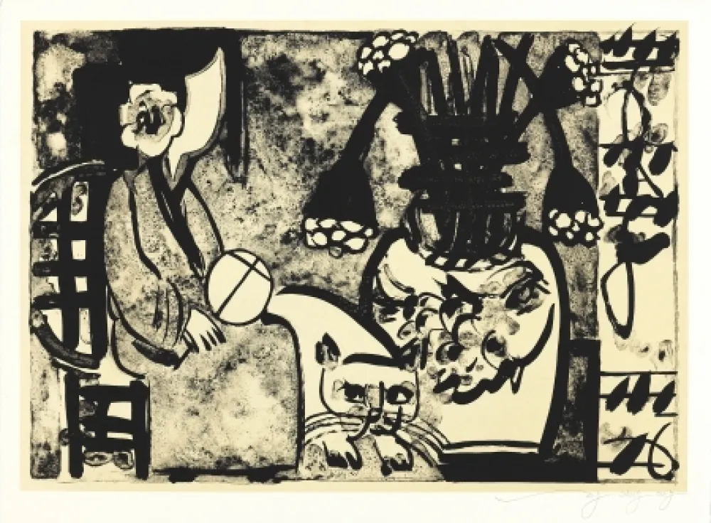 石版画 Tongzhengang - Femme au chat et  a l'éventail