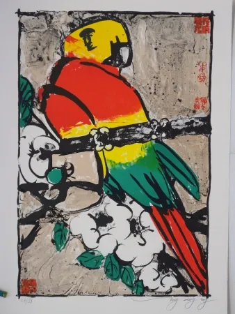 石版画 Tongzhengang - Perroquet fond beige