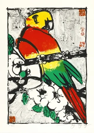 石版画 Tongzhengang - Perroquet fond blanc