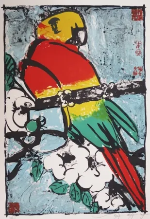 石版画 Tongzhengang - Perroquet fond bleu 