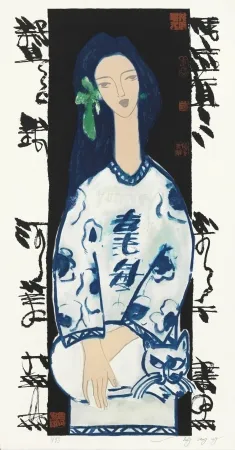 石版画 Tongzhengang - Woman and cat