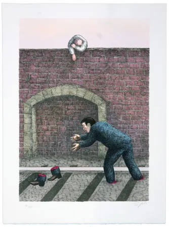 石版画 Topor - Gare de Mâcon, Mouroux eut les jambes coupées en deux par une machine. 