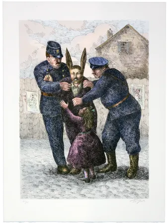 石版画 Topor - Le lapin de Montmartre (Lucien Undreiner) est arrêté. On le soupçonne d'un cambriolage (Asnières) et d'un meutre (Courbevoie)