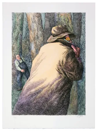 石版画 Topor - Le sombre rôdeur aperçu par le mécanicien Gicquel, près de la gare d'Herblay, est retrouvé : Jules Ménard, ramasseur d'escargots