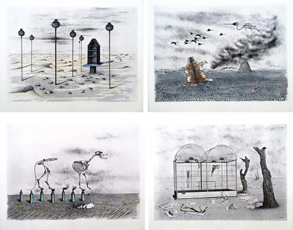 插图书 Toyen - Jindrich Heisler : CACHE-TOI GUERRE ! Cycle de Neuf Dessins. 1944. Ex. aquarellé.