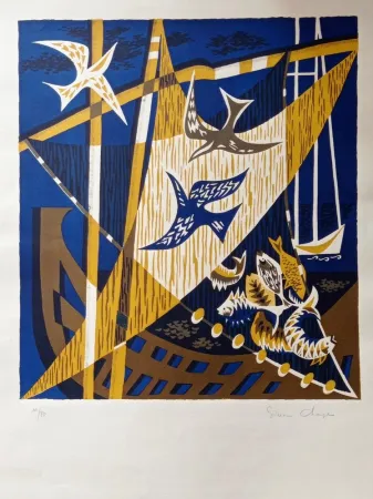 石版画 Unknown - Simon Chaye(n.1930) - Composition with Birds, 1970s, Hand signed  Lithograph