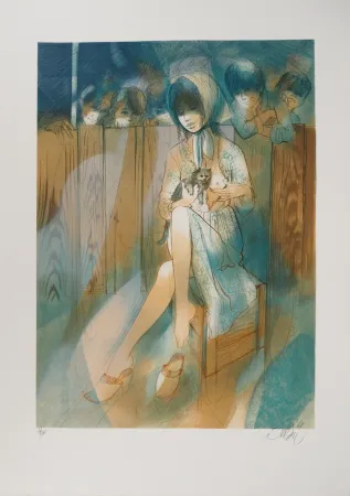 石版画 Valadie - Brassens, Brave Margot et son chat