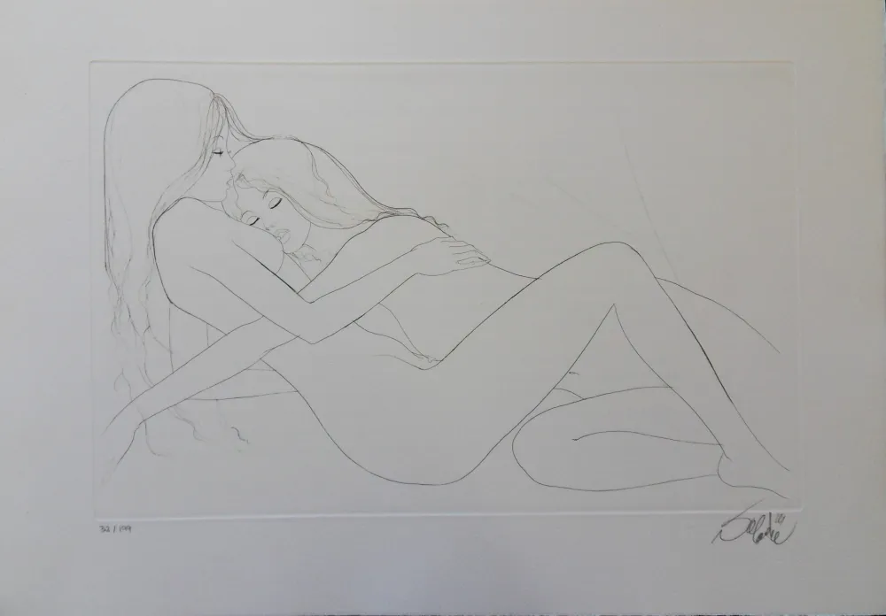 版画 Valadie - Endormies l'une contre l'autre