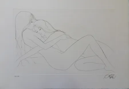 版画 Valadie - Endormies l'une contre l'autre