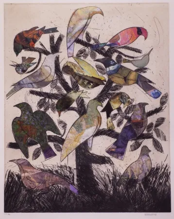 石版画 Valdés - Le arbre aux oiseaux