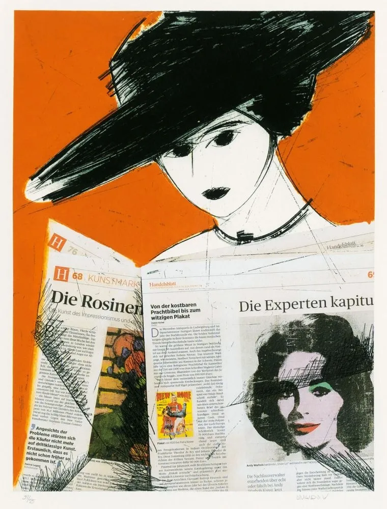 蚀刻版画 Valdés - Mujer con periodico- Warhol