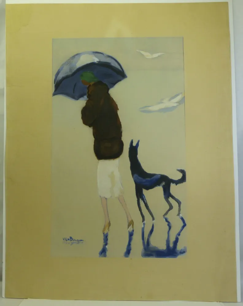 镂版印刷 Van Dongen - Femme au chien marchant sur la plage.