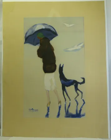 镂版印刷 Van Dongen - Femme au chien marchant sur la plage.
