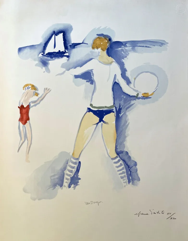 石版画 Van Dongen - Woman and Child Playing on the Beach