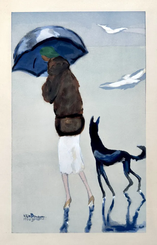 镂版印刷 Van Dongen - Woman with a dog on the Beach