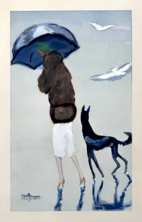 镂版印刷 Van Dongen - Woman with a dog on the Beach
