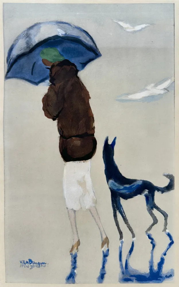 镂版印刷 Van Dongen - Woman with a dog on the Beach