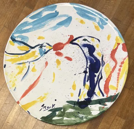 陶瓷 Vandercam - Grand plat en terre cuite vernissée Les oiseaux 84 cm San Giorgio Albisola