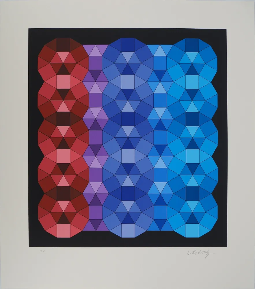 丝网印刷 Vasarely - Composition cinétique en rouge, noir et violet (YKA