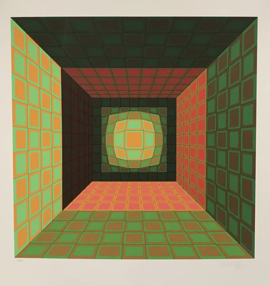 丝网印刷 Vasarely - Green and Orange Composition