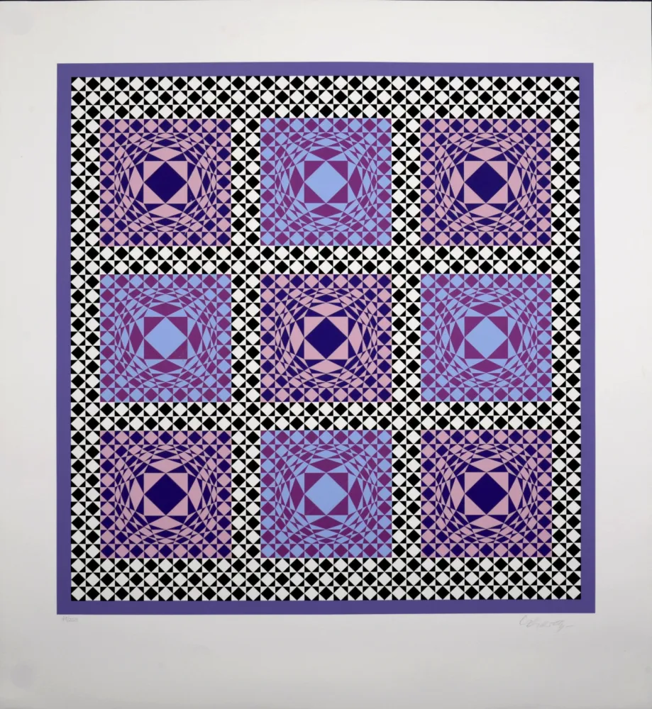 丝网印刷 Vasarely - Purple Squares, 1986 -  Hand-signed!