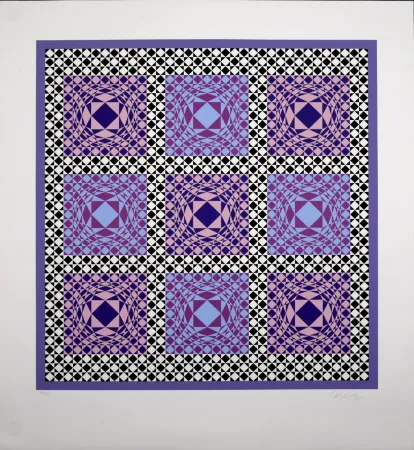 丝网印刷 Vasarely - Purple Squares, 1986 -  Hand-signed!