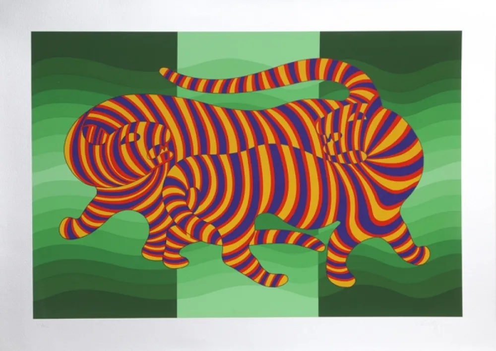 丝网印刷 Vasarely - Two Tigers on Green