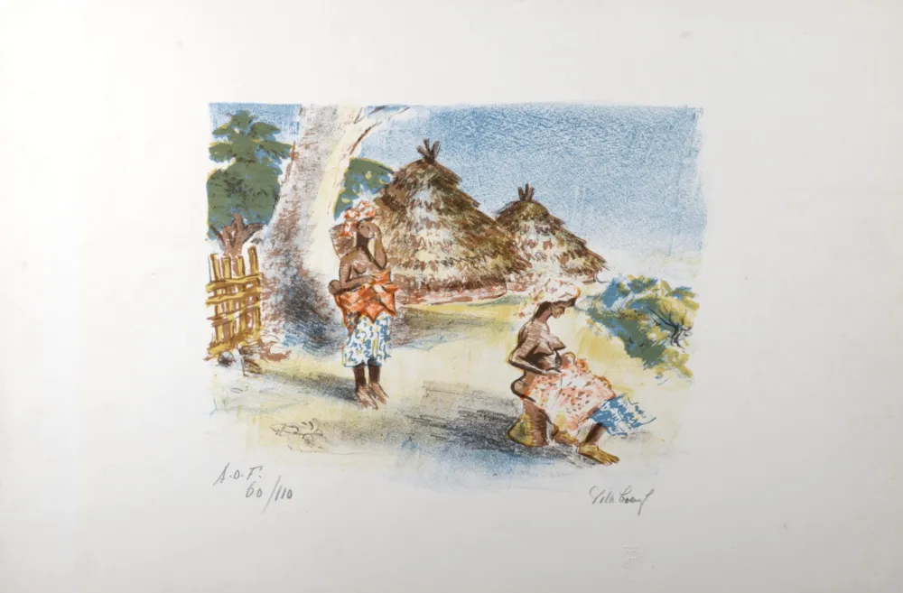 石版画 Villeboeuf  - Deux femmes africaines au village, c.1970, Hand-signed!
