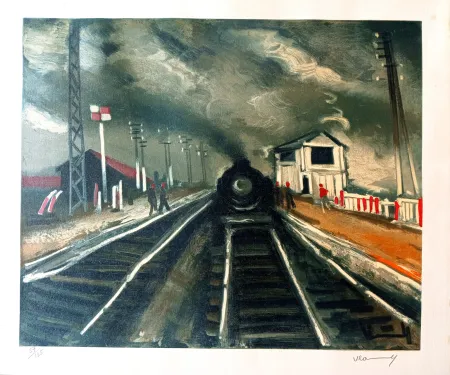 无技术 Vlaminck - Maurice de VLAMINCK - LA GARE, 1955 Lithographie en couleurs, exécutée par Mourlot pour SNCF, épreuve  signée a la main par artiste,