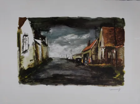石版画 Vlaminck - Rue de Village, circa 1950 - Hand-signed