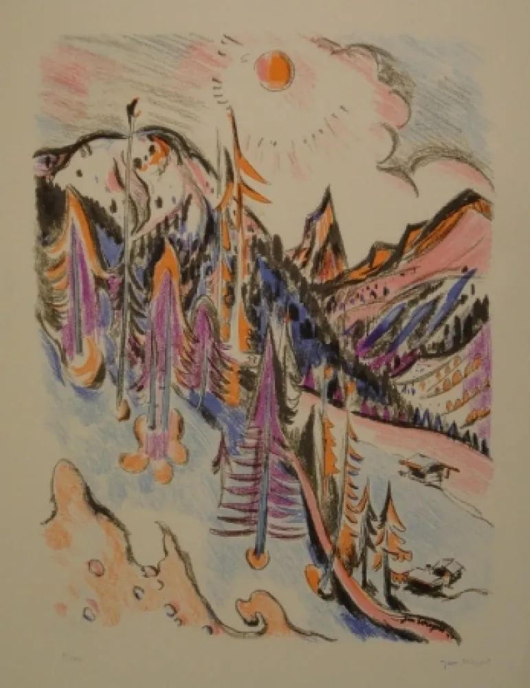 石版画 Wiegers  - Berglandschaft bei Davos mit Tinzenhorn