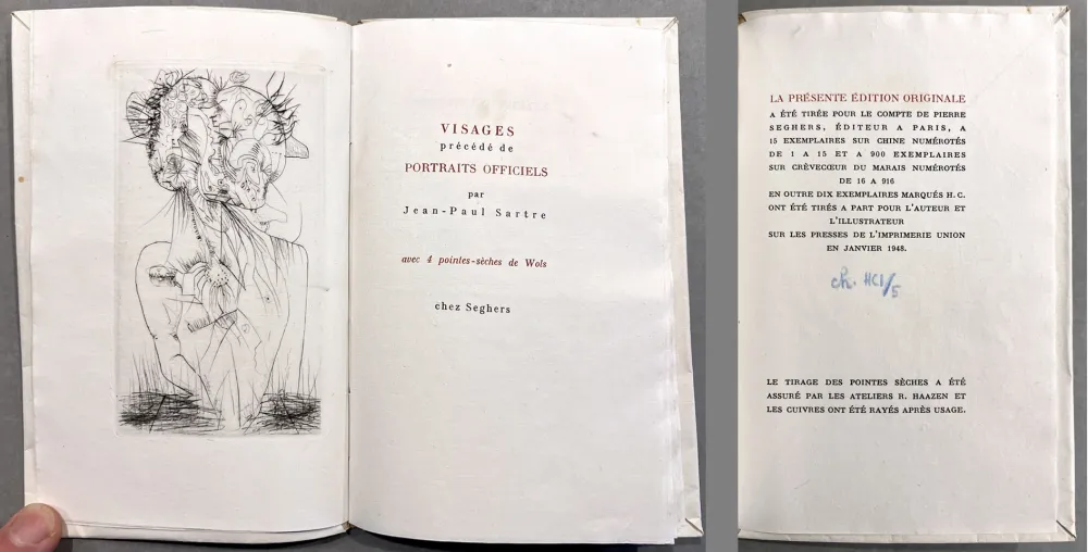 插图书 Wols - Sartre. VISAGES. 4 pointes-sèches de Wols. 1 des 15 ex. sur Chine (1948)
