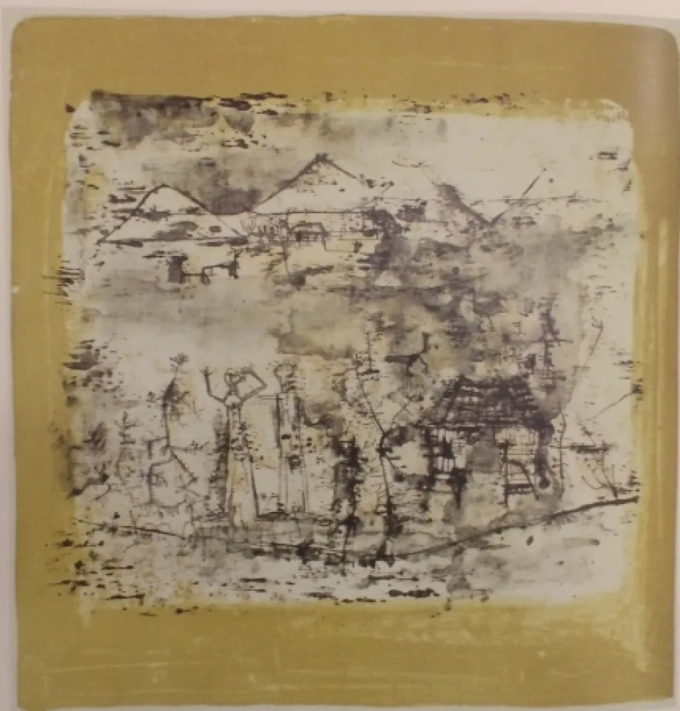 石版画 Zao - Paysage à l'homme les mains levées