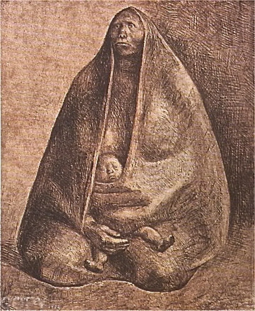 石版画 Zuniga - Mujer con Nino